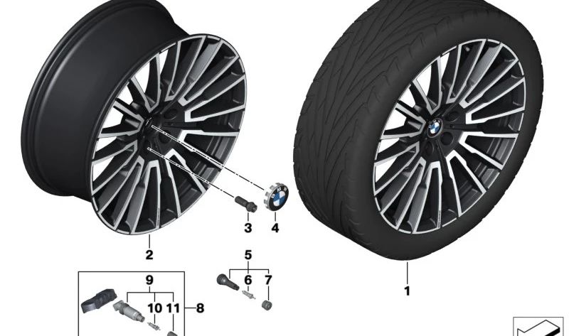 Jet Black OEM 36115A7B2A6 Alloy Tire für BMW G70. Original BMW.