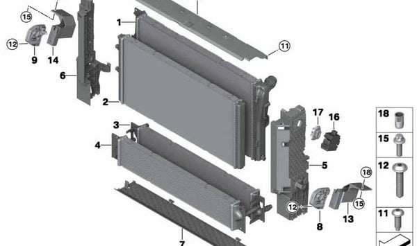 Radiador de refrigerante OEM 17117649143 para BMW I12, I15. Original BMW.