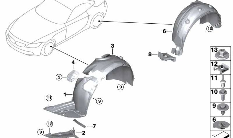 Revestimiento de paso de rueda delantero derecho OEM 51777213428 para BMW Z4 E89. Original BMW.