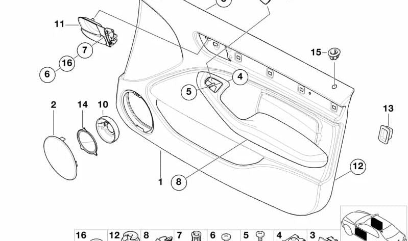 Copertura della porta anteriore sinistra per la serie BMW 3 E46 (OEM 51418224595). BMW originale.