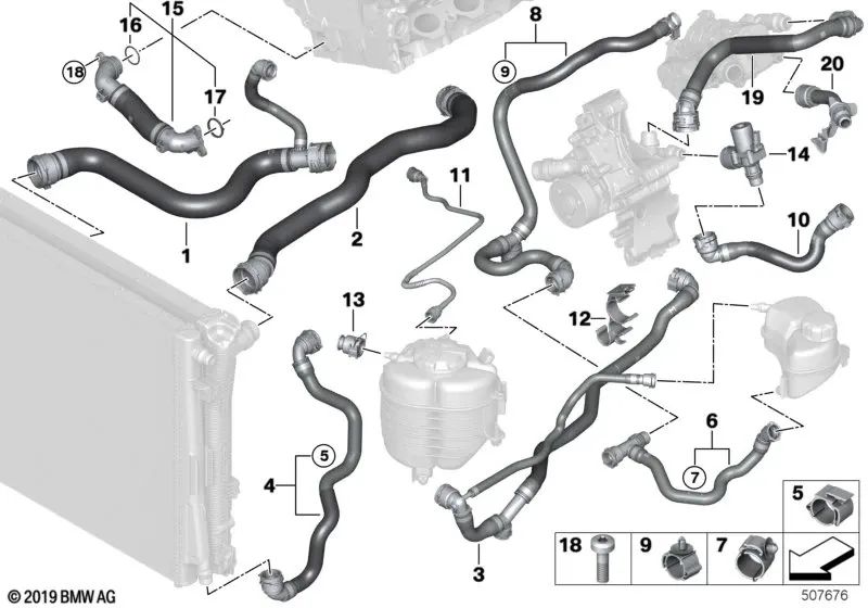 Coolant Radiator Hose for BMW G42, G20, G20N, G21, G21N, G28, G28N, G22, G23, G26 (OEM 17128654831). Original BMW