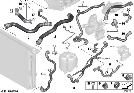 Manguera del Radiador de Refrigerante para BMW G42, G20, G20N, G21, G21N, G28, G28N, G22, G23, G26 (OEM 17128654831). Original BMW