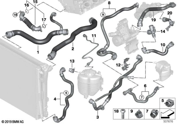 Manguera del Radiador de Refrigerante para BMW G42, G20, G20N, G21, G21N, G28, G28N, G22, G23, G26 (OEM 17128654831). Original BMW