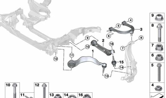 Brazo de suspensión delantero izquierdo con silentblock OEM 31107992595 para BMW (Modelos compatibles: G16). Original BMW.