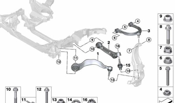 Brazo de suspensión delantero derecho con soporte de goma OEM 31107992596 para BMW G16 (Serie 8 Gran Coupé). Original BMW.