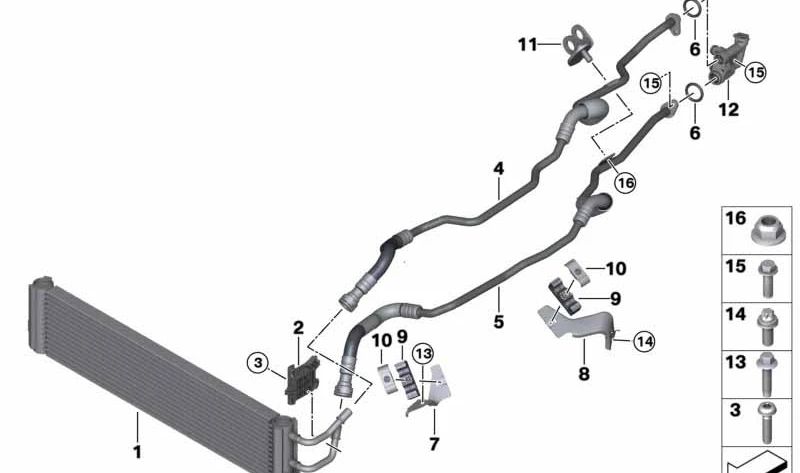 Línea de precalentamiento del refrigerador de aceite para BMW Serie 5 F90, G30, G31, Serie 7 G11N, G12N, Serie 8 F91, F92, F93, G14, G15, G16 (OEM 17228673185). Original BMW