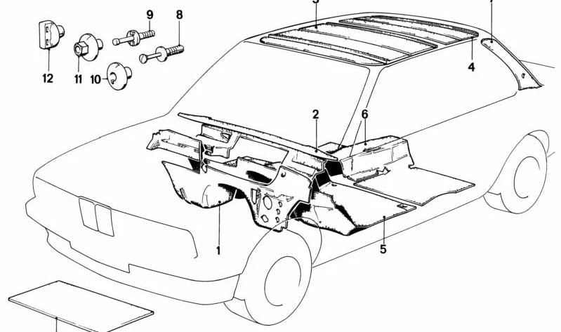 Aislamiento acústico marco de la ventana trasera derecha para BMW Serie 3 E30 (OEM 51481906382). Original BMW.