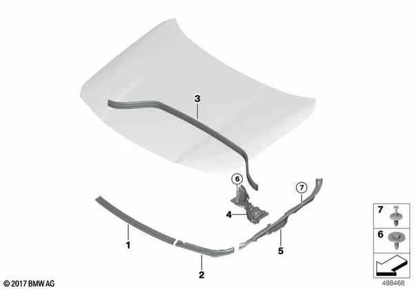 Sellado de capó frontal delantero derecho para BMW X2 F39 (OEM 51767462096). Original BMW