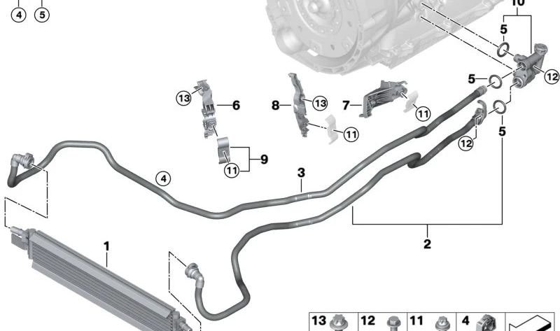 Tubería de refrigeración de aceite de transmisión OEM 17228654907 para BMW G42, G20, G21, G28, G22, G23, G26. Original BMW.