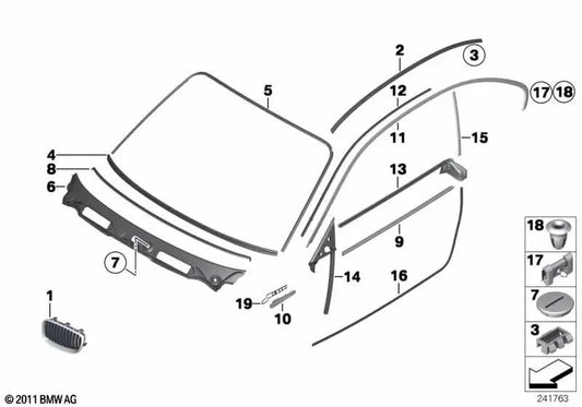 Moldura del marco del techo derecha para BMW E82 (OEM 51132996072). Original BMW.