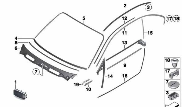 Junta del marco del techo derecha para BMW E81, E82 (OEM 51767164950). Original BMW.