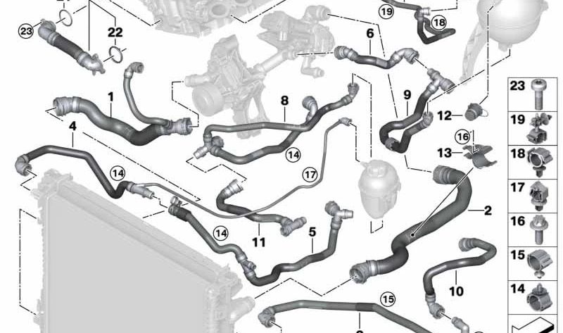 Soporte de la tubería de refrigerante para BMW X5 G05 (OEM 17128744739). Original BMW