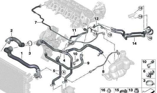 OEM 171285831 Mangueira de refrigerante do motor para BMW F40, F44, F45, F46, F48, F39 e MINI F55, F56, F57, F54, F60. BMW/mini original.