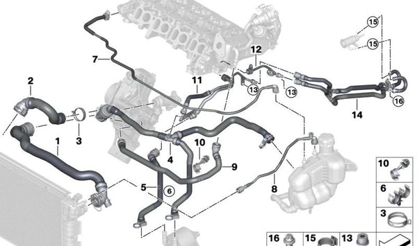 Manguera de refrigerante del motor OEM 17128584831 para BMW F40, F44, F45, F46, F48, F39 y MINI F55, F56, F57, F54, F60. Original BMW/MINI.