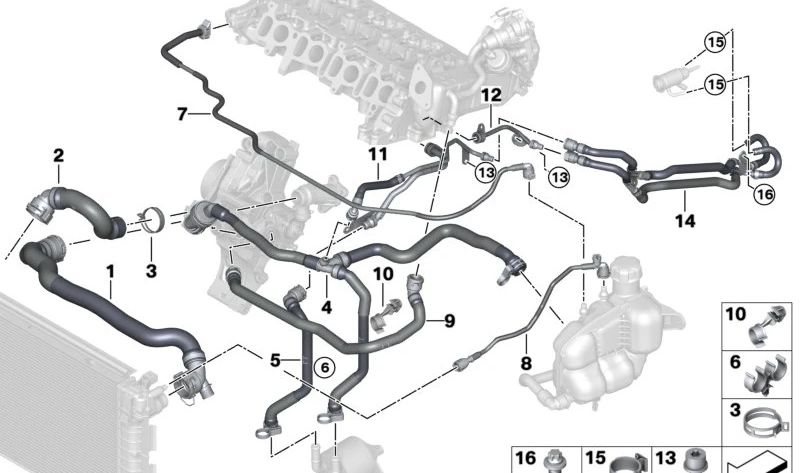 Tubo de conexión depósito-cabeza del cilindro OEM 17128580479 para BMW F40, F44, F45, F46, F48, F39, F55, F56, F57, F54, F60. Original BMW.