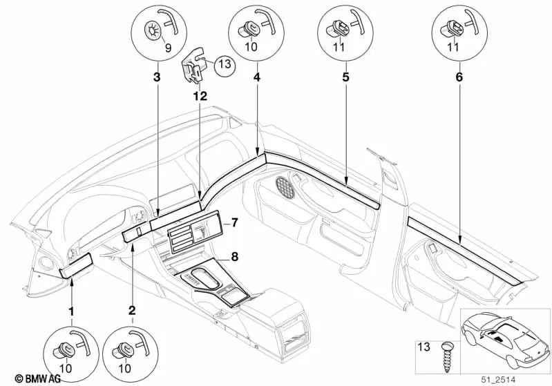 Moldura decorativa puerta trasera izquierda para BMW E39 (OEM 51428256259). Original BMW