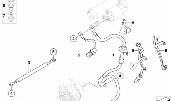 Cable Generador-Arrancador-Punto de Apoyo para BMW E81, E82, E87N, E88, E90, E91N, E91, E92, E93, E60N, E61N, E84, E83N (OEM 12427823728). Original BMW