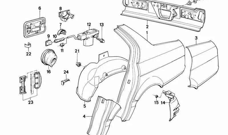 Cubierta del paso de rueda trasero izquierdo OEM 51711949537 para BMW E32. Original BMW