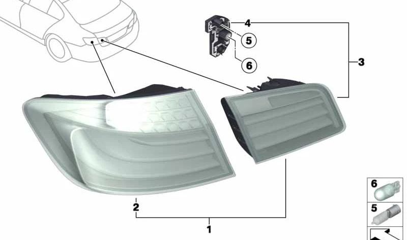 Soporte portalámparas luz trasera portón izquierdo OEM 63217263535 para BMW F10, F18. Original BMW.