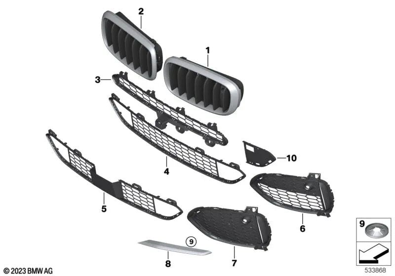 Rejilla central superior para BMW F15 (OEM 51118054013). Original BMW.