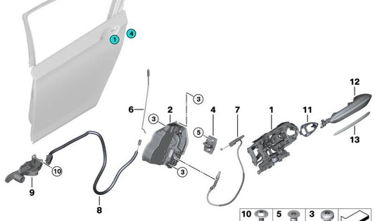 Maneta interior de puerta trasera derecha OEM 51229116344 para BMW F01, F02, F04 (Modelos Serie 7). Original BMW.