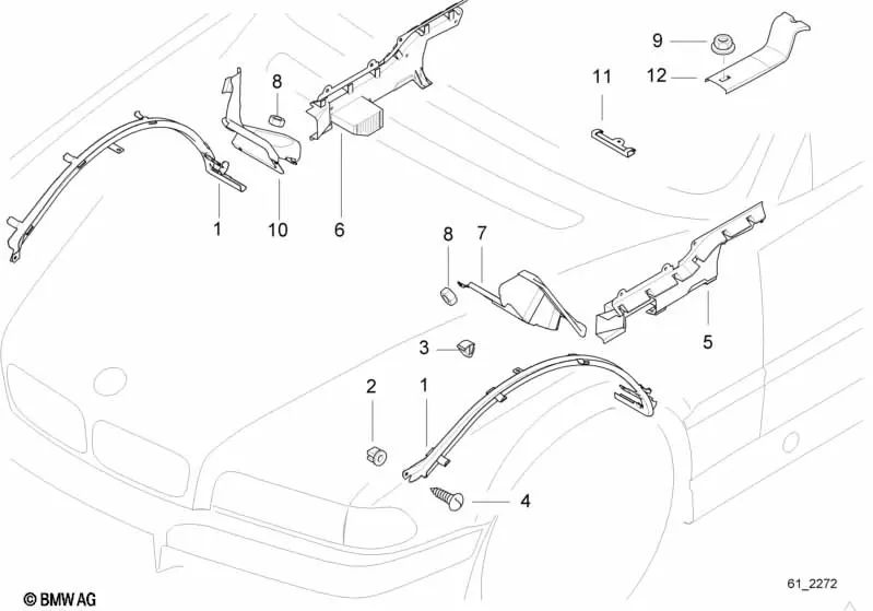 Front right wall cable cover for BMW 7 Series E38 (OEM 61138352808). Original BMW