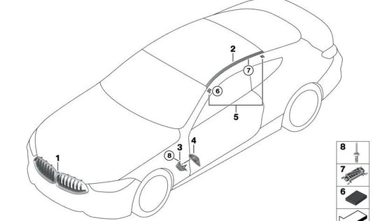 Griglia decorativa anteriore OEM 51137449424 per BMW G14, G15, G16. BMW originale.