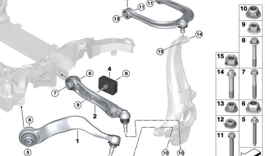 Lower control arm with rubber bushing left for BMW G70 (OEM 31106898553). Original BMW.