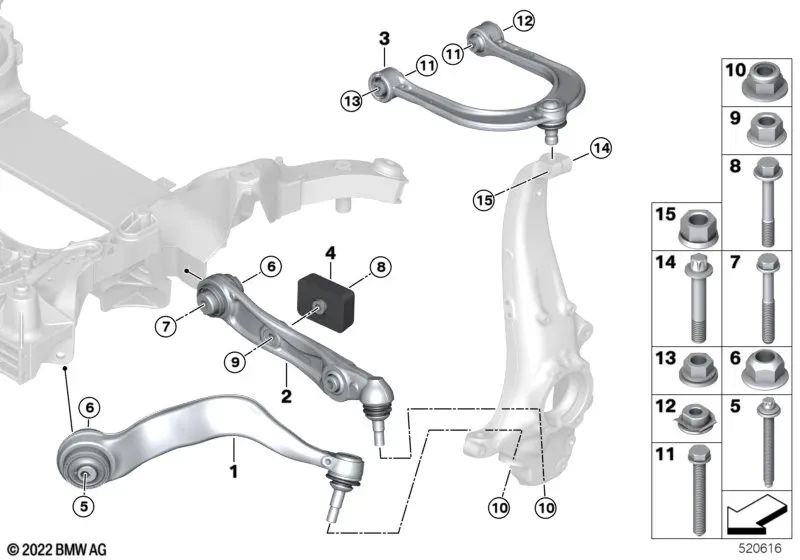 Suspension arm with upper rubber bushing for various BMW 7 Series G70 models (OEM 31106898551). Original BMW