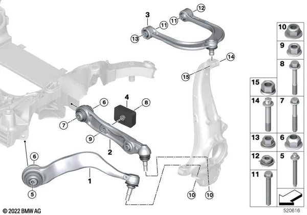 Brazo oscilante inferior con soporte de goma derecho para BMW Serie 7 G70 (OEM 31106898554). Original BMW.