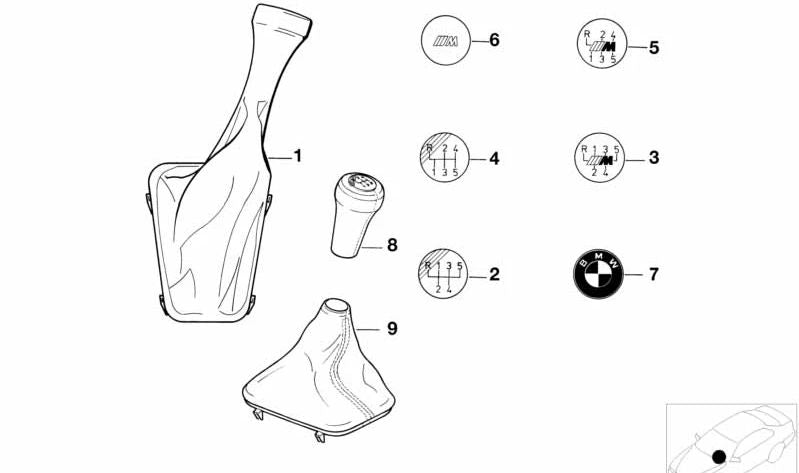 Bouton de changement de cuir avec Embelector OEM à 5 vitesses 25112225873 pour BMW E30. BMW d'origine.