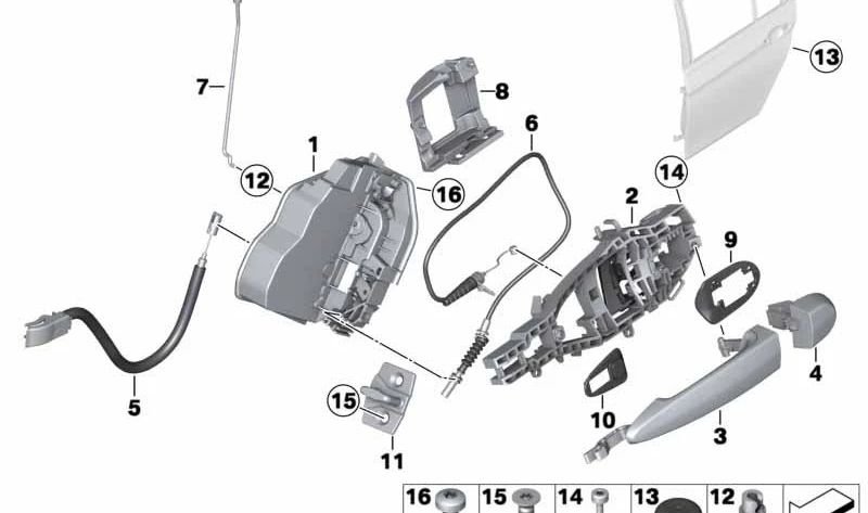 Cable Bowden para tirador de puerta interior trasera para BMW Serie 3 F30, F31, F35, F80 (OEM 51227259837). Original BMW.