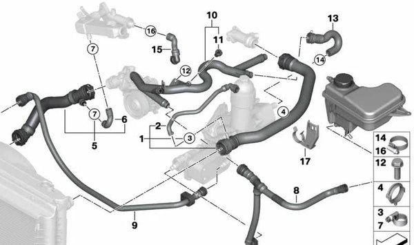 Manguera del radiador OEM 17122249459 para BMW E65, E66. Original BMW.