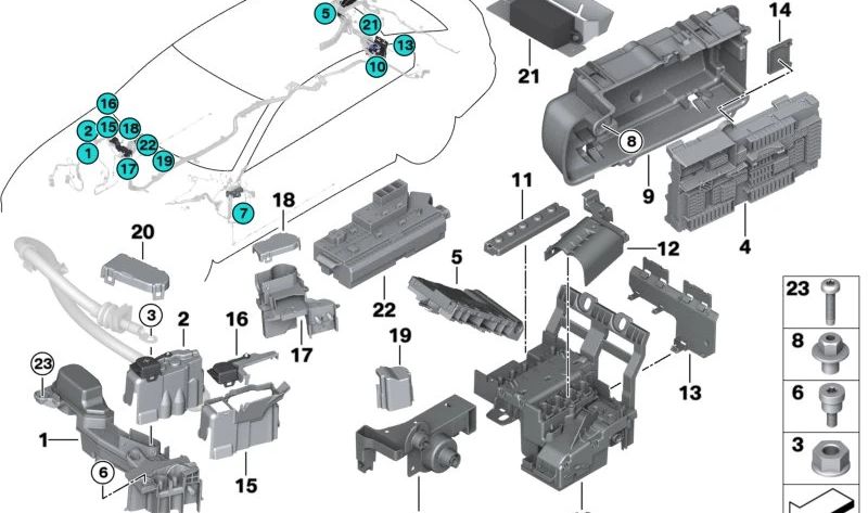 Distribuidor B+ Punto de Soporte para Arranque Externo para BMW Serie 7 G11N, G12N, Serie 8 F91, F92, F93, G14, G15, G16 (OEM 61146804726). Original BMW