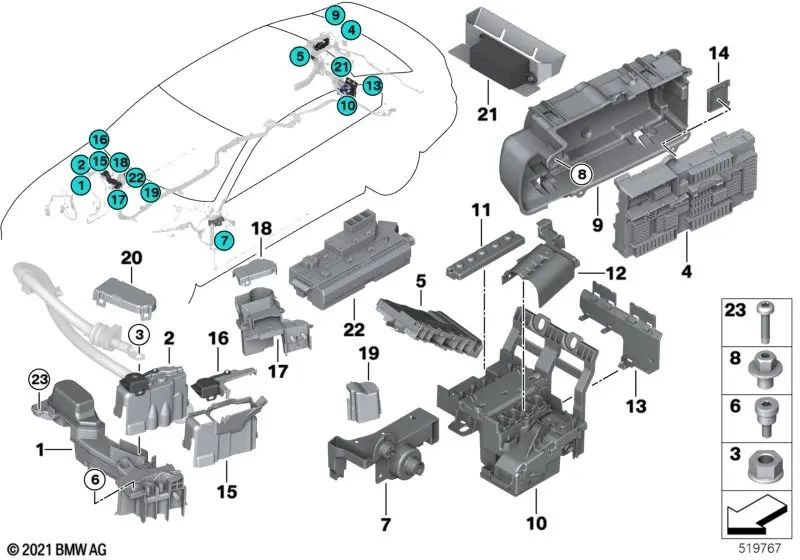 Distribuidor eléctrico trasero para BMW Serie 5 G30, G31, G38, Serie 6 G32, Serie 7 G11, G12 (OEM 61149393144). Original BMW