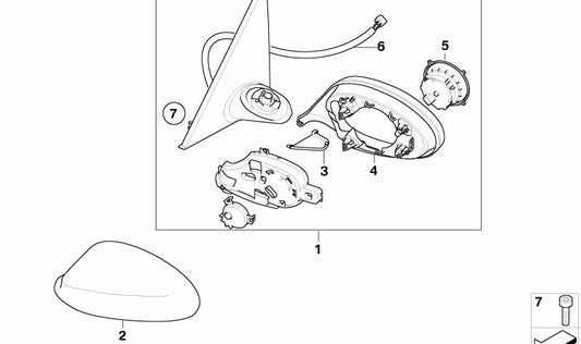 Espelho externo de aquecimento esquerdo OEM 51167268315 para BMW E81, E82, E88. BMW original.