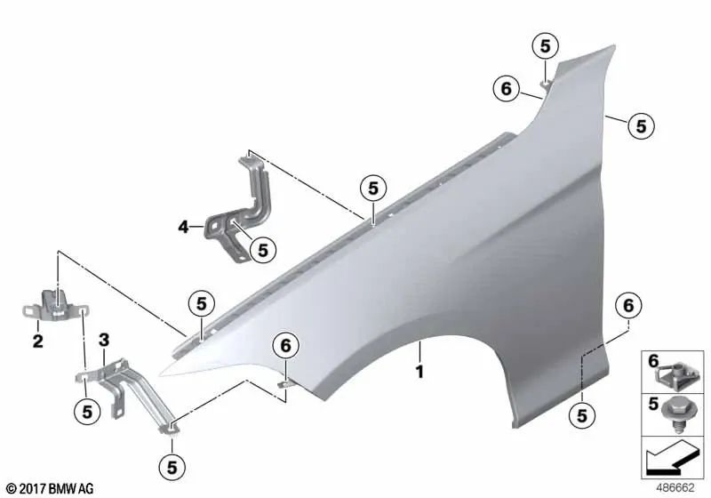 Rechte vordere Seitenwandhalterung für BMW F30, F31, F35, F80, F32, F33, F36, F82, F83 (OEM 41358066940). Original BMW.