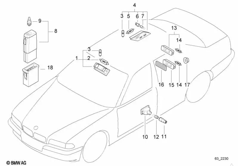 Luz de lectura interior trasera izquierda para BMW E38 (OEM 63318368847). Original BMW.