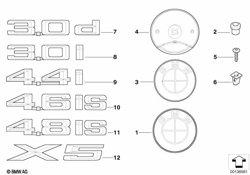 Emblema pegado a la derecha para BMW X5 E53 (OEM 51147138628). Original BMW.