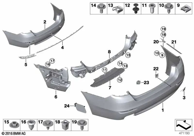 Moldura central trasera para BMW F10N, F18N (OEM 51127341672). Original BMW