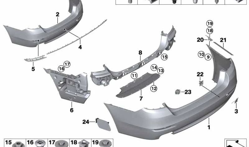 Paragolpes trasero imprimado OEM 51127332764 para BMW F10, F18. Original BMW.