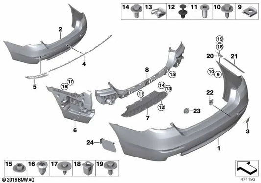 Rear primed bumper housing for BMW 5 Series F10N, F18N (OEM 51127332775). Original BMW.