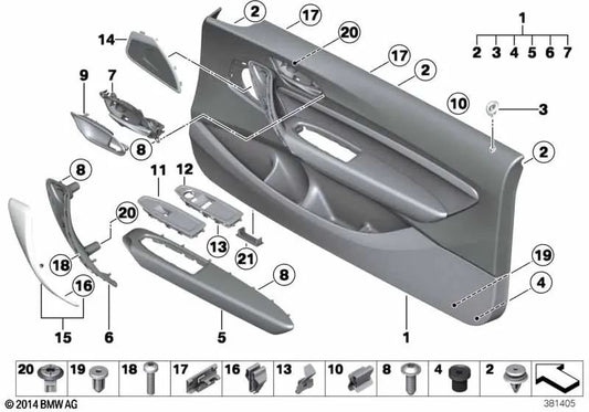 Tapizado de puerta de tela delantero derecho para BMW F21, F22, F23 (OEM 51417285354). Original BMW