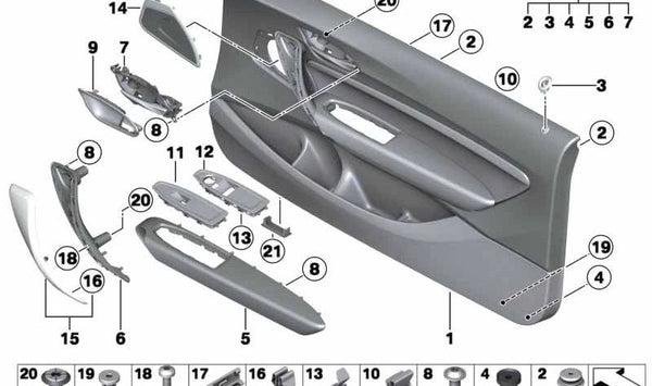 Revestimiento de puerta de cuero delantero derecho para BMW Serie 1 F21, F21N, Serie 2 F22, F22N (OEM 51417285390). Original BMW