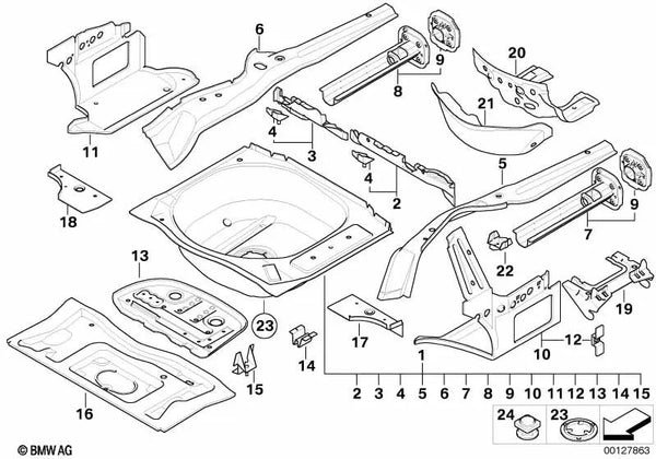 Travesaño del piso del maletero izquierdo para BMW Serie 6 E63, E64 (OEM 41127125169). Original BMW