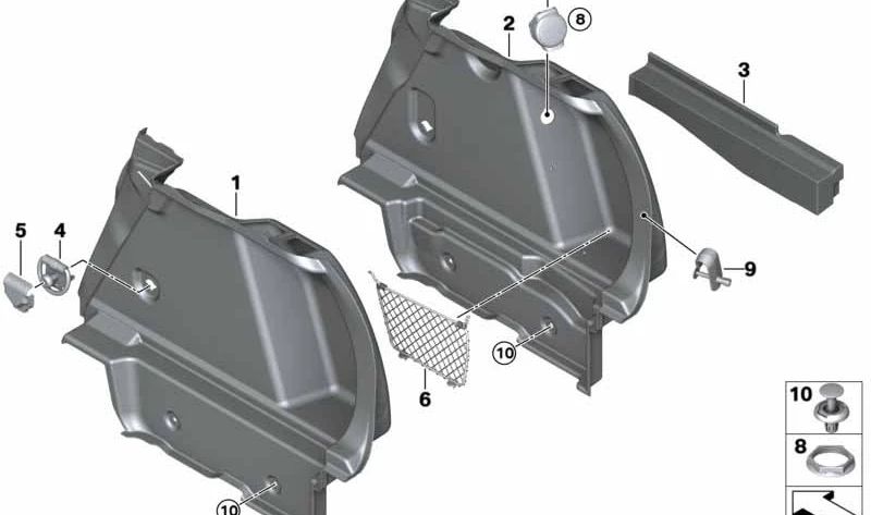 Revestimiento del maletero derecho para BMW F40 (OEM 51477477012). Original BMW.