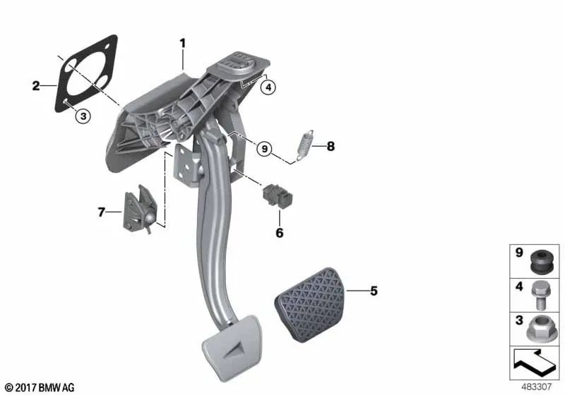 Resorte de retorno del pedal de freno para BMW Serie 5 F07, F10, F11, F18, G30, G31, G38; Serie 6 F06, F12, F13, G32N; Serie 7 F01, F02, F04, G11, G12; Serie 8 G14, G16; X3 G01N; X4 G02N; X5 E70, F15, F85; X6 E71, F16 (OEM 35216772695). Original BMW.