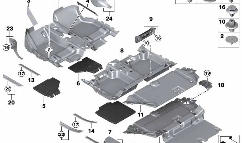 Revestimiento del suelo delantero para BMW Serie 2 F45, F46 (OEM 51479471227). Original BMW