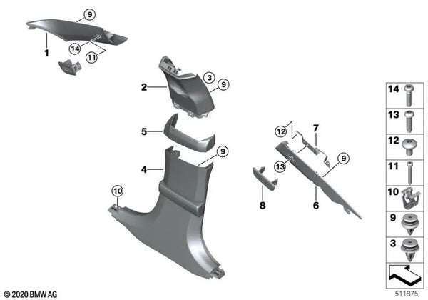 Blenda B-Pilar arriba izquierda para BMW F93, G16 (OEM 51435A0F103). Original BMW