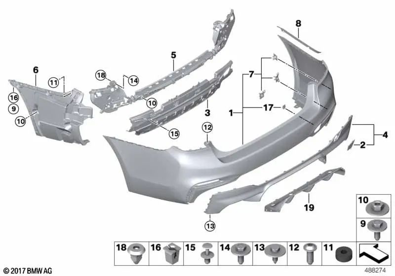 Primed rear bumper housing for BMW F90, G30 (OEM 51128073725). Original BMW